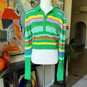 Colorful White Birch Cropped Striped Polo Sweater in Green Multi